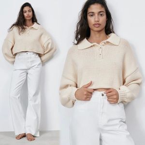 Zara Crop Polo Oversized Boxy Knit Sweater